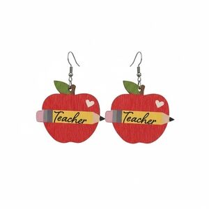 Red Apple 'Teacher' Pencil Wooden Dangle Earrings